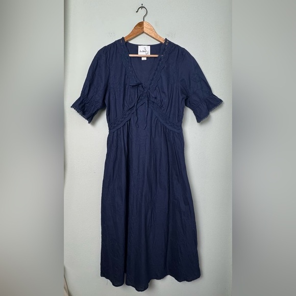 Sam Edelman Dasie Lace Detail A-Line Cotton Midi Dress in Navy Blue Size Medium - Picture 8 of 16